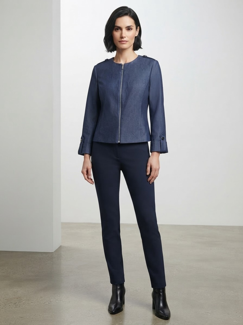DKNY navy blue collarless Roll-Tab-Sleeve Zip-Front Jacket